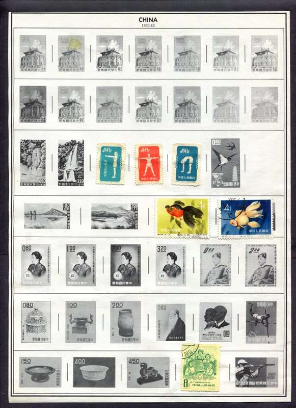 China - 180 Stamps Mounted (Hinged) On Both Sides of 4 Old Album Page