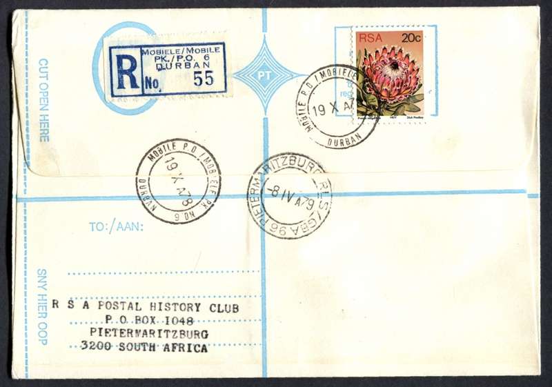 RSA - Registered Cover - Send From Mobile Post Office - Durban