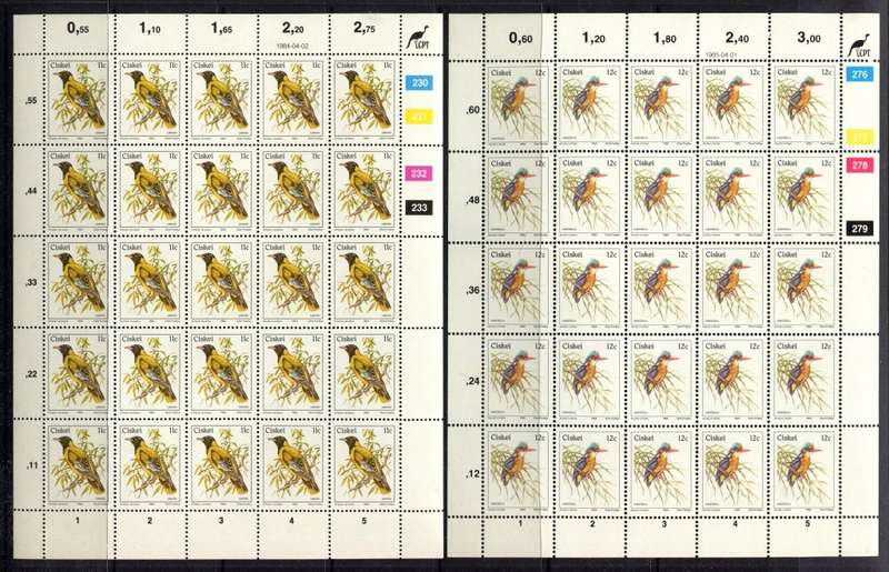 Ciskei - Birds - Set of 6 Additional Values - Full Sheets of 25 - 1984 to 1990 - MNH