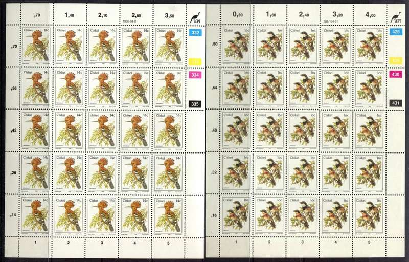 Ciskei - Birds - Set of 6 Additional Values - Full Sheets of 25 - 1984 to 1990 - MNH
