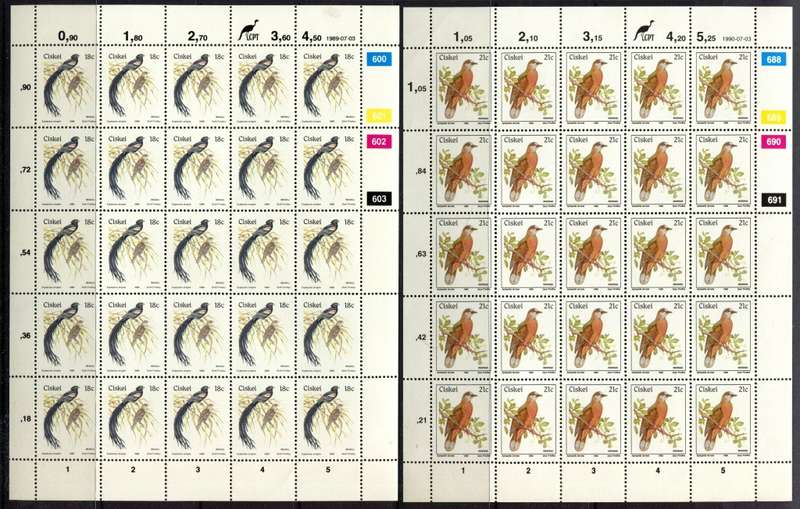 Ciskei - Birds - Set of 6 Additional Values - Full Sheets of 25 - 1984 to 1990 - MNH