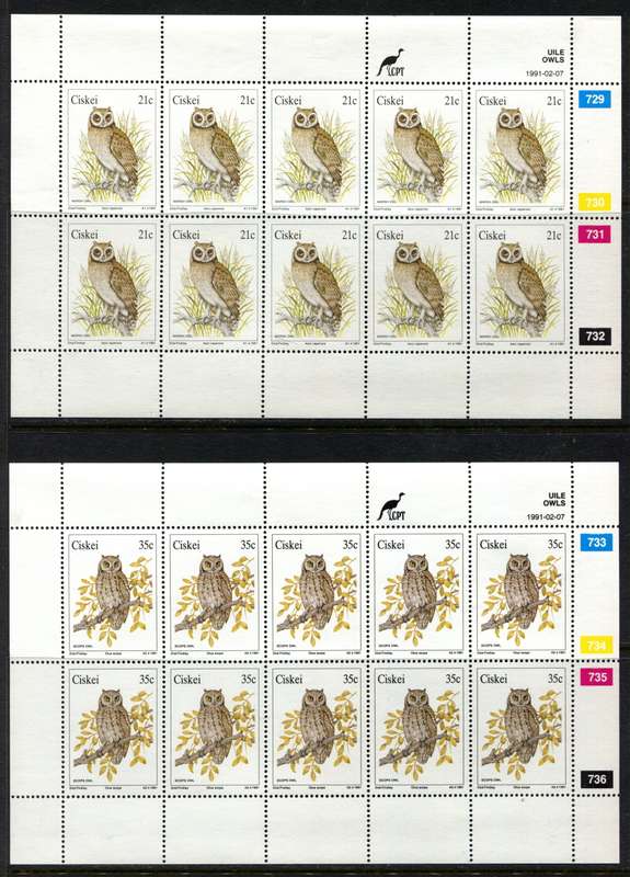 Ciskei - Birds/Owls - Set of 4 Full Sheets of 10 - 1991 - MNH