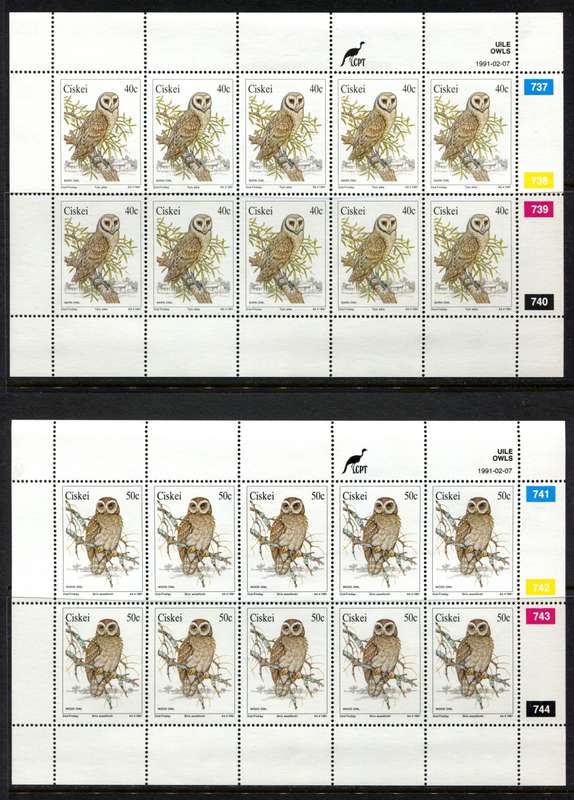 Ciskei - Birds/Owls - Set of 4 Full Sheets of 10 - 1991 - MNH