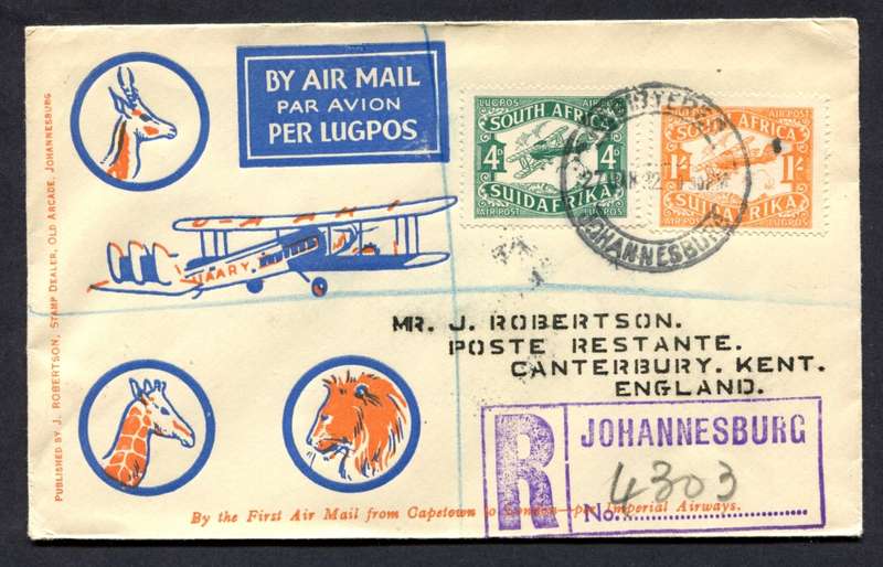 Union of SA - Flight Cover - Johannesburg to Canterbury Kent England