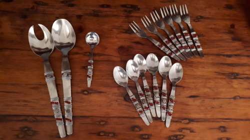 VINTAGE HANDMADE STAINLESS STEEL CUTLERY: Salad Servers, Sugar spoon, teaspoons and pastry forks