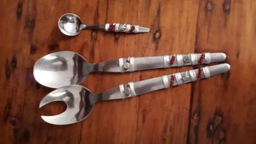 VINTAGE HANDMADE STAINLESS STEEL CUTLERY: Salad Servers, Sugar spoon, teaspoons and pastry forks