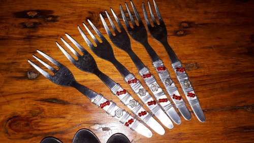 VINTAGE HANDMADE STAINLESS STEEL CUTLERY: Salad Servers, Sugar spoon, teaspoons and pastry forks