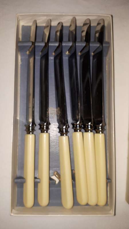 COMPLETE SET OF 6 TAYLOR SHEFFIELD EYE WITNESS FAUX BONE HANDLE TABLE Knives IN ORIGINAL BOX