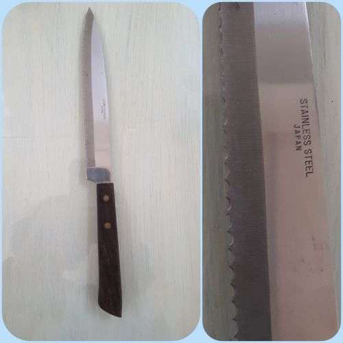 VINTAGE JAPANESE SERRATED KITCHEN KNIFE WITH WOOD HANDLE