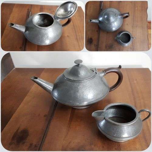 VINTAGE 1930's  OLD ENGLISH HAND HAMMERED ART & CRAFT PEWTER TEAPOT AND CREAMER - SCANDINAVIAN STYLE