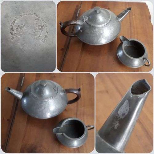 VINTAGE 1930's  OLD ENGLISH HAND HAMMERED ART & CRAFT PEWTER TEAPOT AND CREAMER - SCANDINAVIAN STYLE
