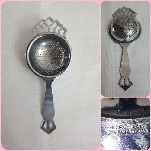 VINTAGE CHROME PLATED TEA STRAINER STAMPS/MARKS: The item is stamped Chrome Plate Made in England.