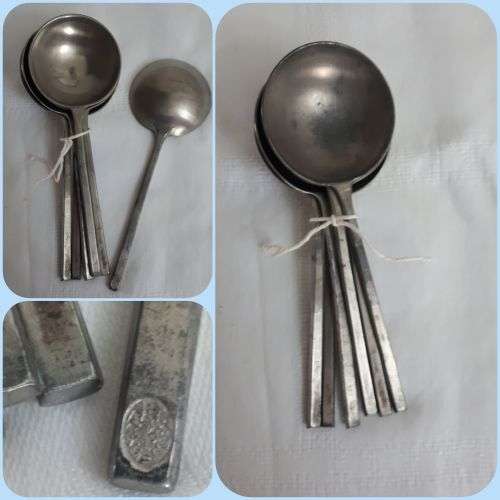 ANTIQUE SET OF 6 PEWTER SOUP SPOONS