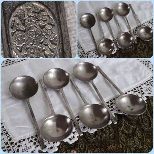 ANTIQUE SET OF 6 PEWTER SOUP SPOONS