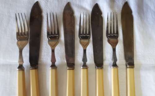 ANTIQUE LOT/PART SET OF 10 SILVER PLATED FAUX BONE HANDLE FISH CUTLERY