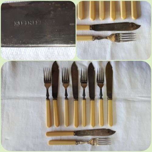 ANTIQUE LOT/PART SET OF 10 SILVER PLATED FAUX BONE HANDLE FISH CUTLERY