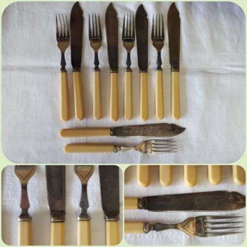 ANTIQUE LOT/PART SET OF 10 SILVER PLATED FAUX BONE HANDLE FISH CUTLERY