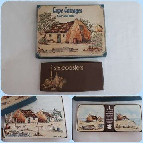 VINTAGE COMPLETE AND BOXED SET OF PLACEMATS AND COASTERS  SA ARTIST NORMA WILES
