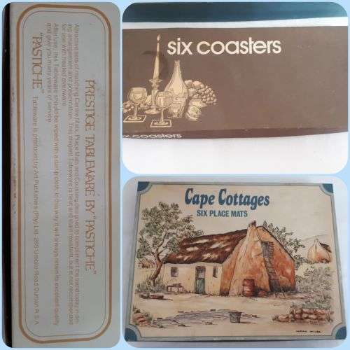 VINTAGE COMPLETE AND BOXED SET OF PLACEMATS AND COASTERS  SA ARTIST NORMA WILES