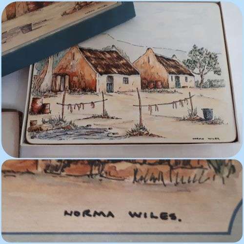 VINTAGE COMPLETE AND BOXED SET OF PLACEMATS AND COASTERS  SA ARTIST NORMA WILES