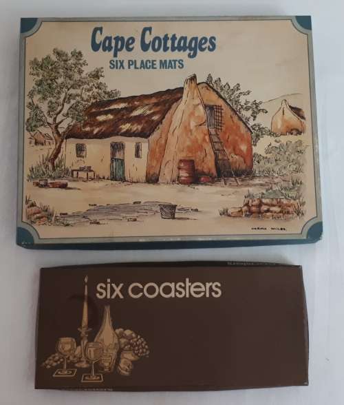 VINTAGE COMPLETE AND BOXED SET OF PLACEMATS AND COASTERS  SA ARTIST NORMA WILES