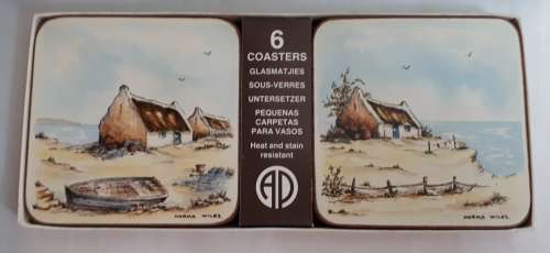 VINTAGE COMPLETE AND BOXED SET OF PLACEMATS AND COASTERS  SA ARTIST NORMA WILES
