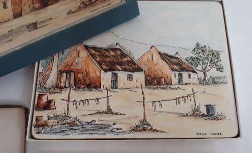 VINTAGE COMPLETE AND BOXED SET OF PLACEMATS AND COASTERS  SA ARTIST NORMA WILES