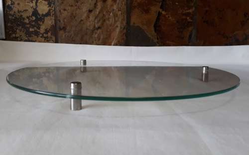 CONTEMPORARY GLASS CAKE STAND OR SERVING PLATE WITH 3 CHROME FEET