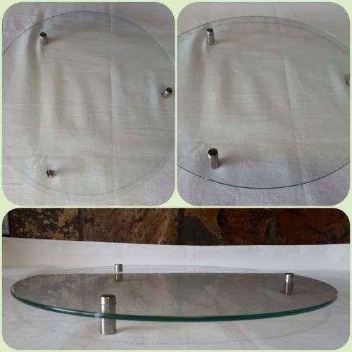 CONTEMPORARY GLASS CAKE STAND OR SERVING PLATE WITH 3 CHROME FEET
