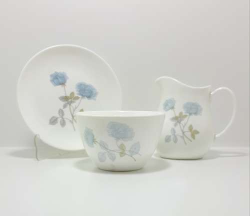 Vintage 1960-1979 Wedgwood Bone China Ice Rose Creamer, Sugar Bowl and Matching Tea Plate (R4306)