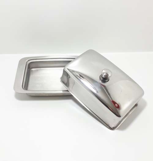 Large Vintage Rectangular Shaped Stainless Steel Butter Dish With Lid