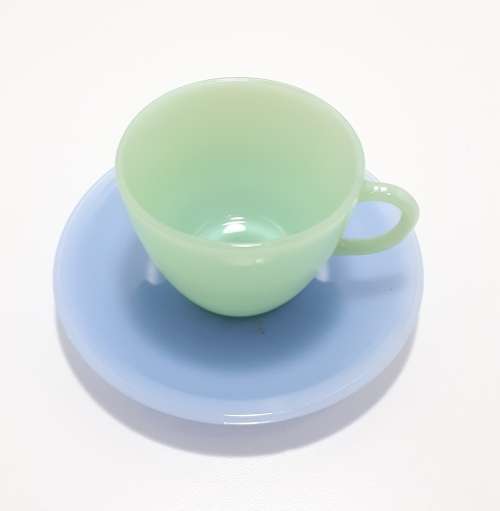 Vintage 1950s Pastel Colour Milk Glass Tea Duo (Cup and Saucer)  Jade and Baby Blue