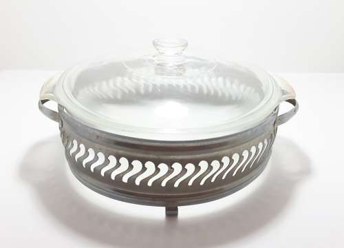 Vintage Pierced Metal Casserole Stand With 2QT (1.8L) USA Anchor Hocking Fire King Dish and Lid