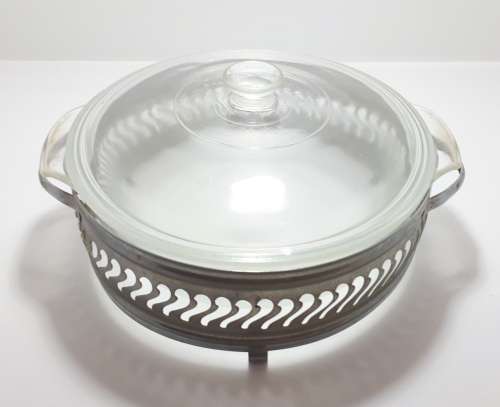 Vintage Pierced Metal Casserole Stand With 2QT (1.8L) USA Anchor Hocking Fire King Dish and Lid