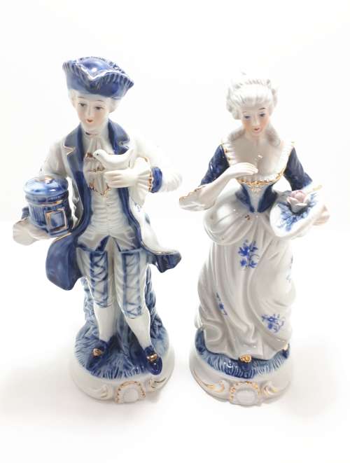 1925-67 Fine Porcelain Blue and White Capodimonte Victorian Figurine Pair Male and Female