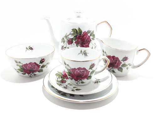 21 Piece Alfred Meakin Glo White Tea Set - White With Red Roses And Gold Trim