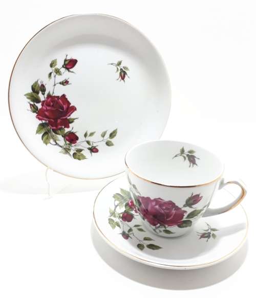 21 Piece Alfred Meakin Glo White Tea Set - White With Red Roses And Gold Trim
