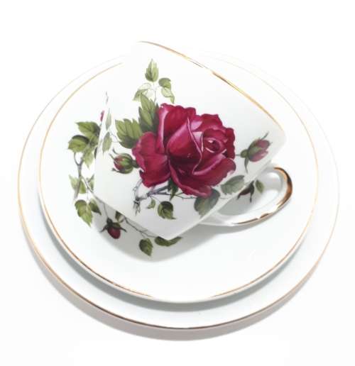 21 Piece Alfred Meakin Glo White Tea Set - White With Red Roses And Gold Trim