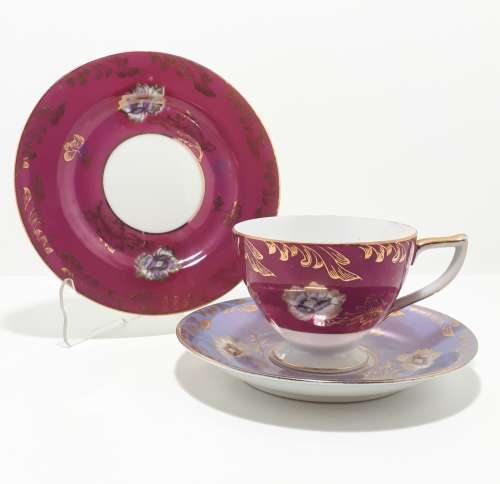 Maurine China Tea Trio In Magenta, Purple and Gold Cup Saucer and Tea Plate