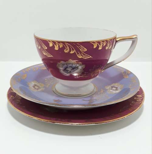 Maurine China Tea Trio In Magenta, Purple and Gold Cup Saucer and Tea Plate