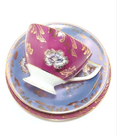 Maurine China Tea Trio In Magenta, Purple and Gold Cup Saucer and Tea Plate