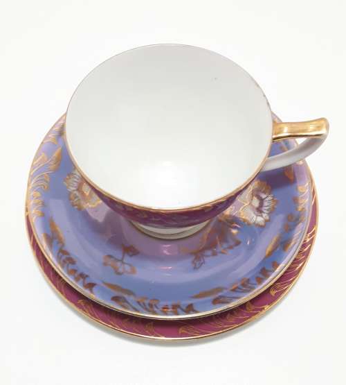 Maurine China Tea Trio In Magenta, Purple and Gold Cup Saucer and Tea Plate