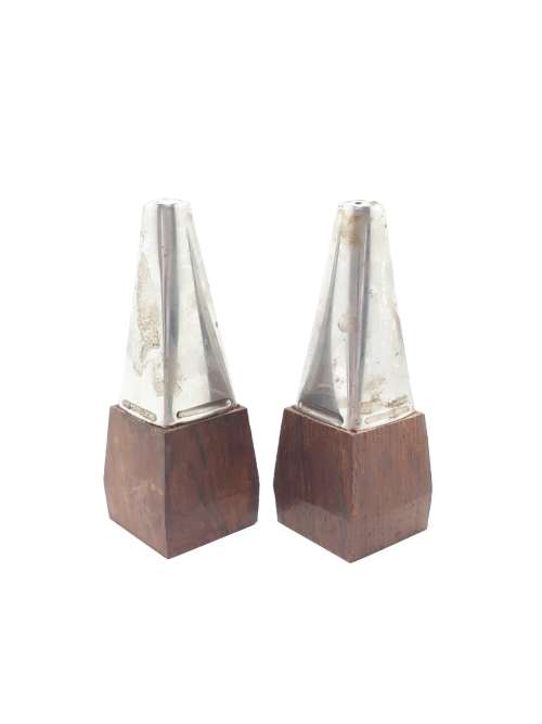 Vintage Set Of Wood and Stainless Steel Art Deco Designed Salt and Pepper Shakers