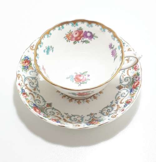 Improvised Tuscan Bone China Tea Duo  1907 Antique Tuscan Tea Cup and 1940s Tuscan Orleans Saucer