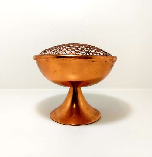 Vintage Solid Copper Pedestal Rose Bowl With Removable Grid