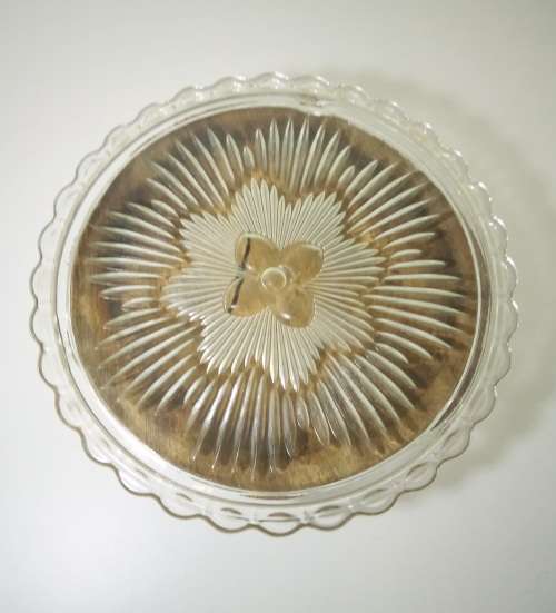 Vintage Clear Glass Cake Plate With Floral Pattern & 3 Feet