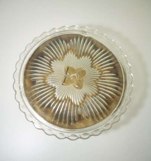 Vintage Clear Glass Cake Plate With Floral Pattern & 3 Feet