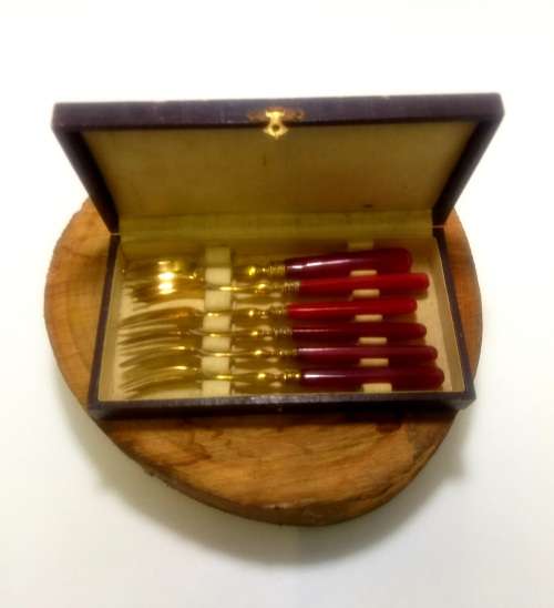 Unusual Vintage Set of Six Brass Dessert Forks Brass With Red Bakelite Handles in Original Box