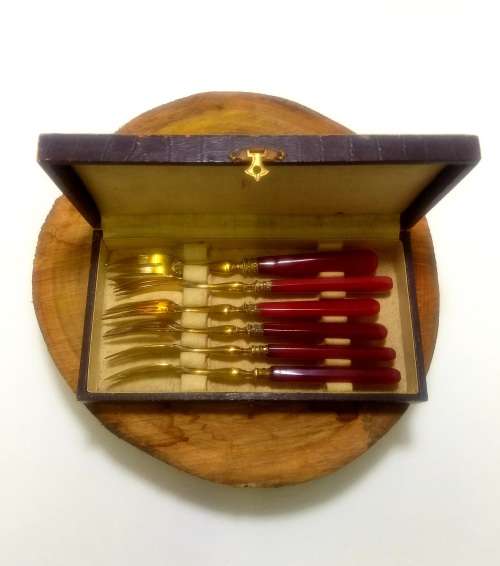 Unusual Vintage Set of Six Brass Dessert Forks Brass With Red Bakelite Handles in Original Box