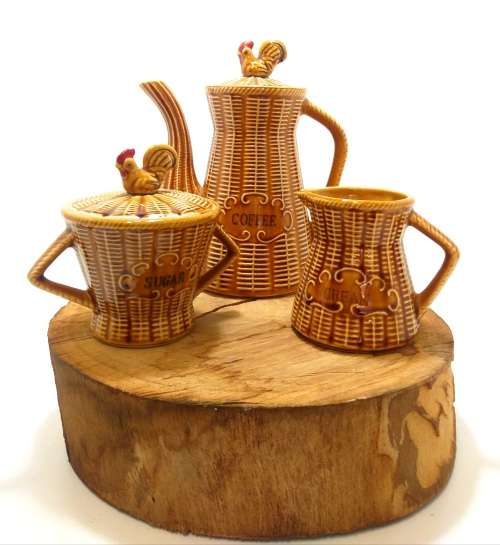 Mid Century Basket Weave Ceramic Breakfast Coffee Set Rooster Detail Coffee Pot, Creamer & Sugar